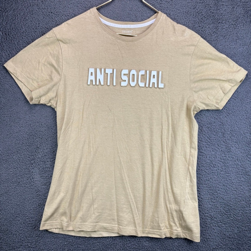 Triumph Tragedy Anti Social Graphic T-Shirt Mens Medium Tan Beige Short Sleeve